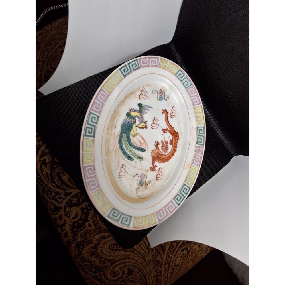 Vintage Chinese Export ware Porcelain Platter Dragon Phoenix Bats 12 1/4"